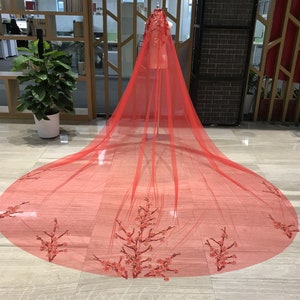 Red Bridal Veil with Plum Bossom Embroidery, Mystic Red Bridal Veil 1 Tier Red Veil Cathedral Royal Length with Comb, Fingertip Bridal Veil