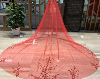 Red Bridal Veil with Plum Bossom Embroidery, Mystic Red Bridal Veil 1 Tier Red Veil Cathedral Royal Length with Comb, Fingertip Bridal Veil
