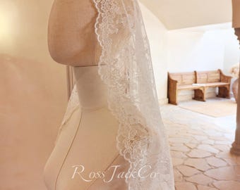 Wave Edge Soft Lace Mantilla Veil With Comb, Ivory Color Chapel Length