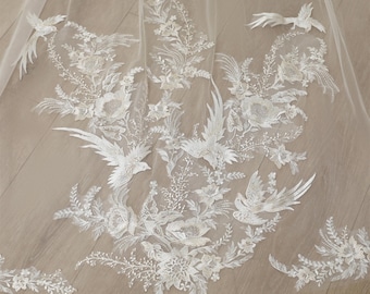 Embroidered flowers and birds Wedding Veil, Veil Wedding Cathedral, Two Tier Veil With Blusher, Embroidery Ivory Veil With Comb, Bridal Veil