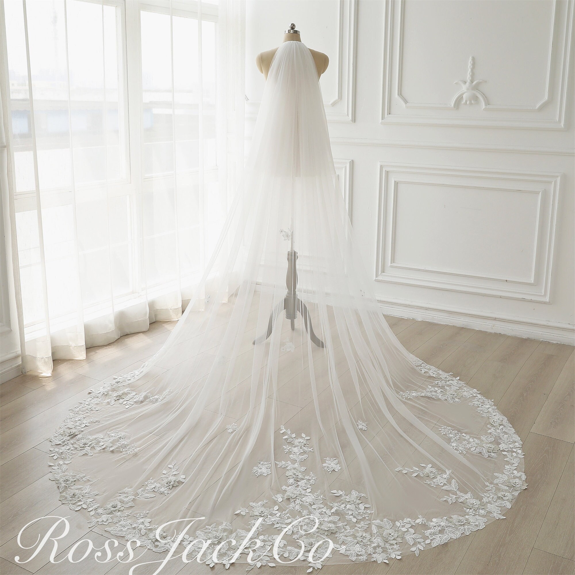 Ivory Beaded Wedding Veil - Scattered Beads, Extra Long with Comb Attachment Beaded Long Royal Cathedral Wedding Veil CHARLOTTE | EDEN  main image 4