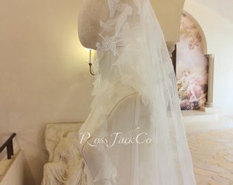 Veil Mantilla With Ivy Leaves, Floral Bridal Hair Piece Mantilla Style, Cathedral Length Ivory Soft Tulle