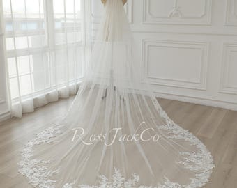 Elegant Embroidered Peony Flower Wedding Veil, Bridal Veil Lace Floral, 2 Tier 137" Ivory Long Veil With Blusher, Veil Cathedral With Comb