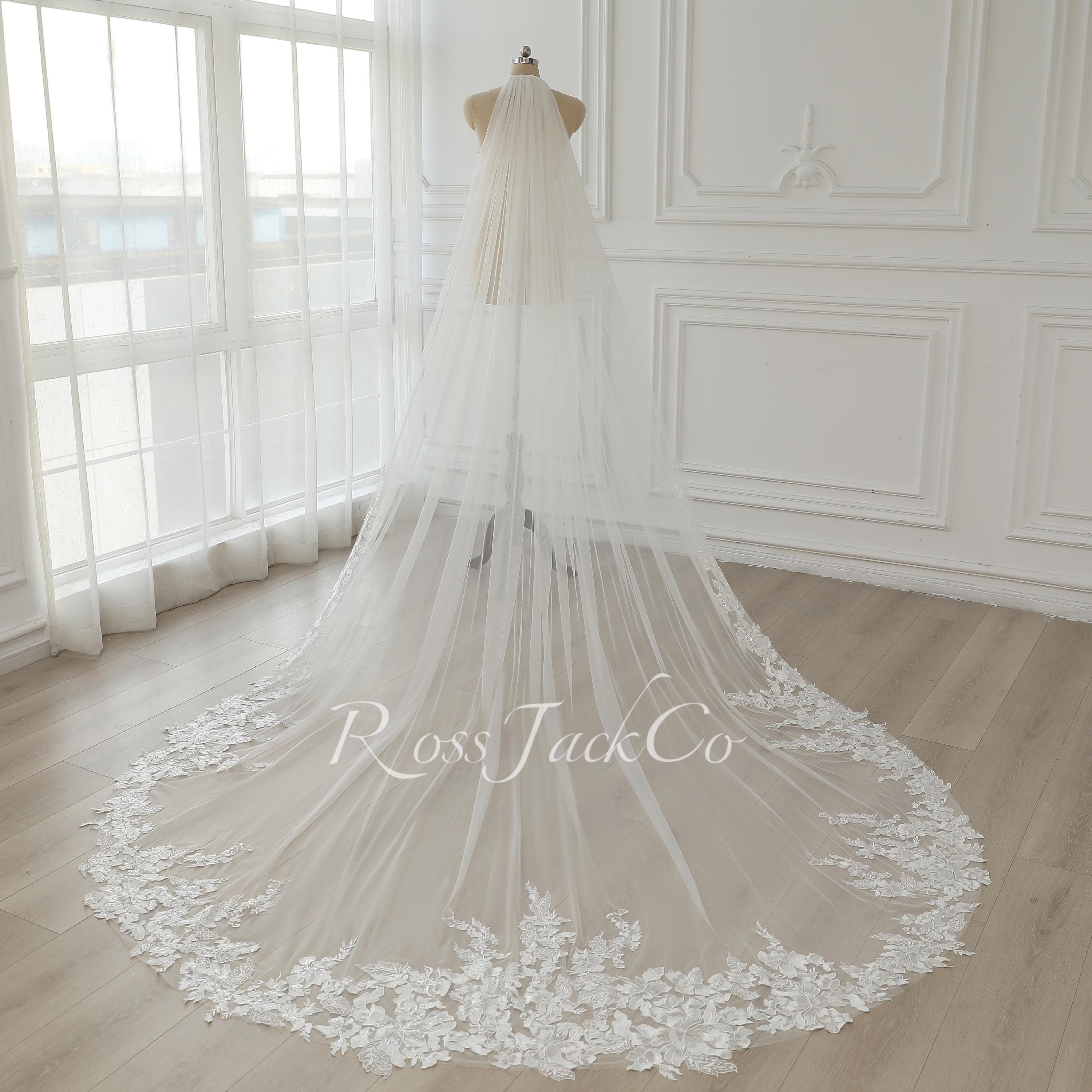 Elegant Lace Flower Wedding Veil, Sequin Flower Bridal Veil 1 Tier 137" Long Lace Veil Cathedral Length Royal Veil 137" with Comb