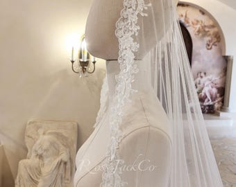 Beaded Flower Tinny Scallop Edge Mantilla Veil, Elegant Flower Bridal Hair Piece, Veil Cathedral Length Ivory Color