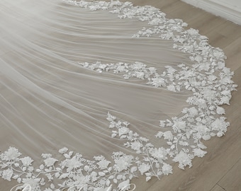 Veil Bridal Pearl 3D Scattered Small Florals, Floral Lace Wedding Veil 1 Tier 118&quot; Cathedral, Lace Wedding Veil Custom Lengt with Comb