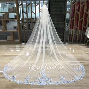 Fairy Blue Lace Floral Bridal Veil Blue Flower Wedding Veil Soft Tulle Ivory Bridal Veil Royal Length Veil Custom Hand-Made Veil