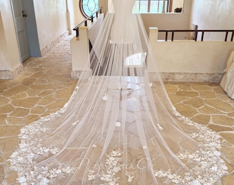 Scallop Shape 3D Floral Veil Rainbow Rhinestones, Cathedral Irregular Flower Wedding Veil, Ivory Soft Tulle