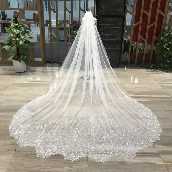 Veil Wedding Vintage Baroque Shinny Lace Floral Sliver Sequins Bridal Veil 1 Tier Ivory Veil With Comb Custom Cathedral Royal Long Veil