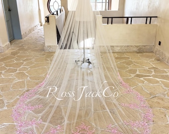 Fairy Pink 3d Floral Bridal Veil, Pink Lace Flower Wedding Veil, Soft Tulle Bridal Veil, Veil Cathedral Length, Veil Pink