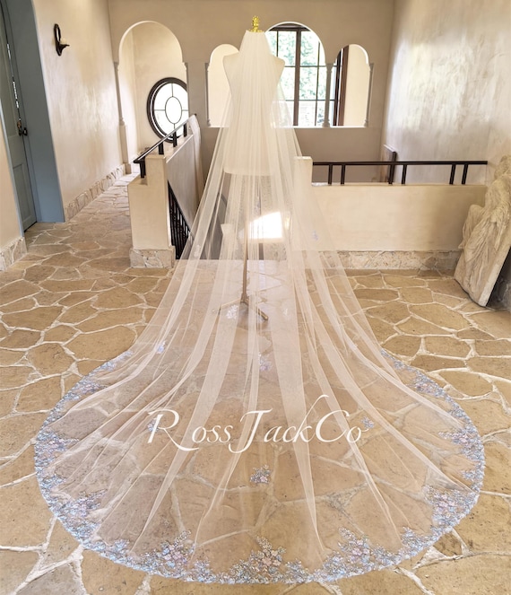 Tulle Veil - beaded lace floral design Beaded Lace Wedding Veil, Floral Appliqué, Silver Beads and  main image 2