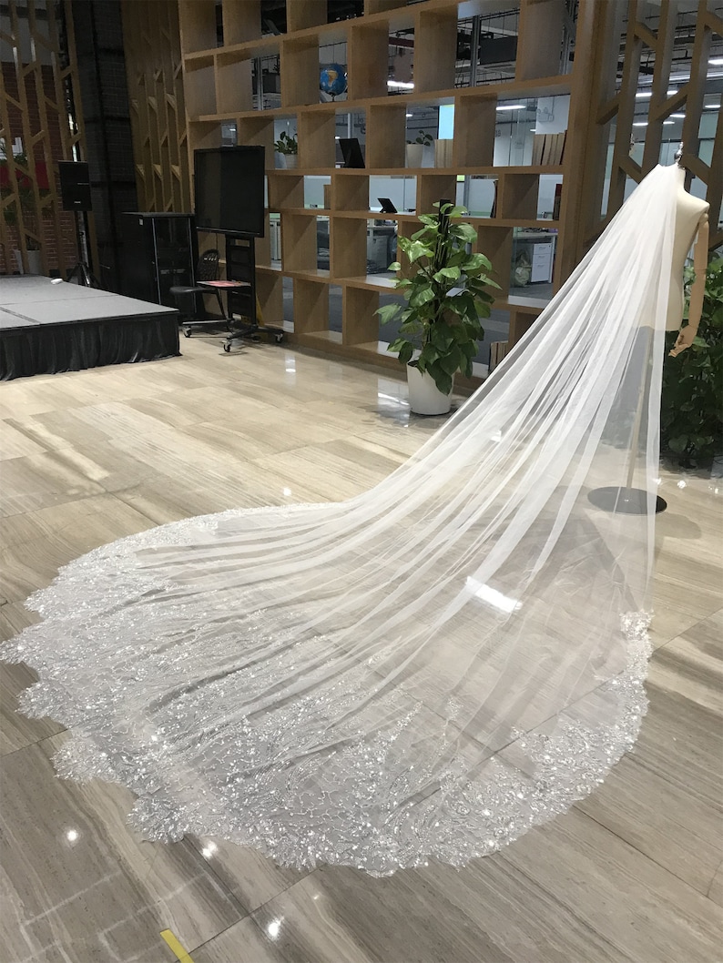 Veil Wedding Vintage Baroque Shinny Lace Floral Sliver Sequins Bridal ...
