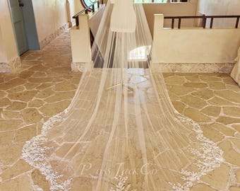 Scalloped Beaded Floral Veil, Cathedral Length Irregular Shape Flower Wedding Veil, Ivory Soft Tulle Veil, Custom Scallop Cut Veil