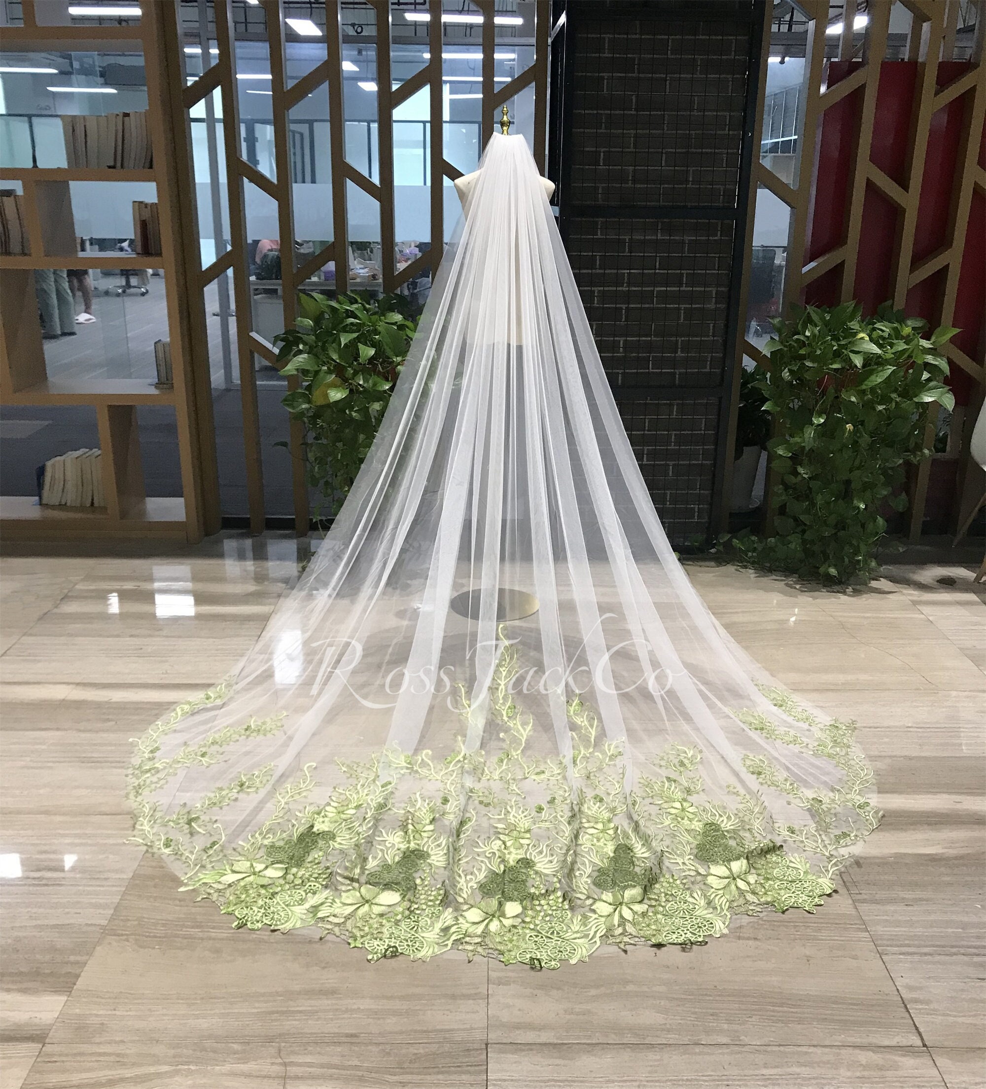 Cathedral Wedding Veil 3.5m Royal Train Handmade Flower Veil W/ Comb AD48| Green Floral Bridal Veil, Something Blue Embroidered  main image 2