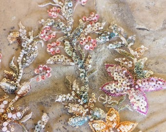 Colorful Beading Flower Wedding Veil, Orange, Pink, Purple Beaded Floral Bridal Hair Piece, Soft Tulle Ivory Color Chapel Length
