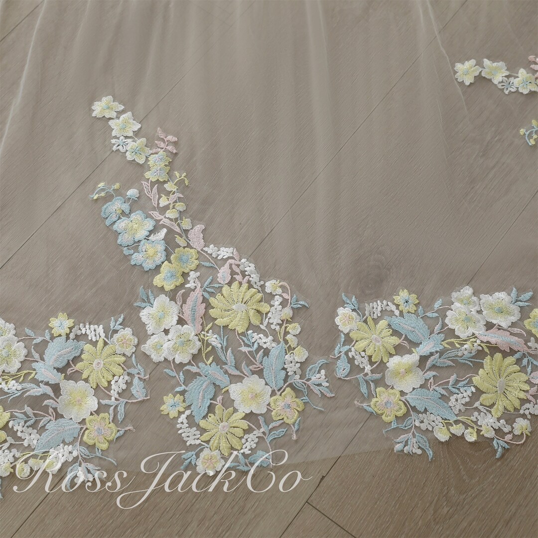 Image showcasing Wedding Veil Colorful Embroidered Lace Flowers, 1 Tier Bridal Veil Long ...