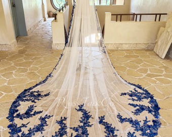 Royal Blue Sequins Leaves 3d Flower Trim Bridal Veil, Soft Tulle Ivory Wedding Veil Cathedral Length