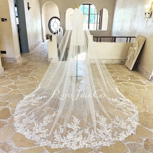 Elegant Sequins Lace Flower Wedding Veil, Sequin Floral Bridal Veil, Veil Cathedral, Custom Veil With Comb, Veil Flower