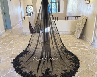Velo de flores con lentejuelas arcoíris, tocado nupcial vintage de flores negras, velo nupcial místico brillante de flores de longitud catedral con peineta.