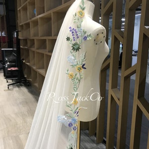 Colorful Wild Flower Wedding Veil, Super Fairy Colorful Lace Bridal Veil, Blue Pink Flower Veil, Custom Hand Made Veil