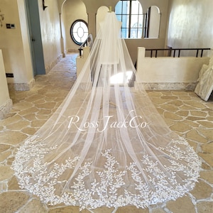 Veil Leaves Lace, Wedding Veil Plant Leaves, Elegant Leaves Bridal Veil, 1 Tier Ivory Long Veil With Comb, Veil Cathedral Fingertip