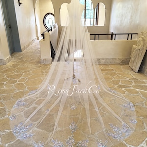 Light Pink Blue Beaded Lace Bridal Veil, Fairy Beading Floral Veil, Blue Shinning Floral Veil, Custom Hand Made Veil