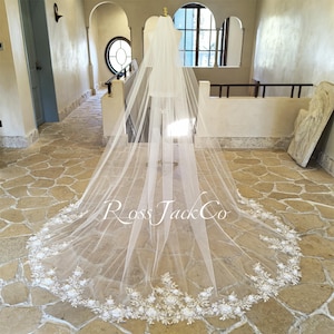 Veil Sequins Floral, Wedding Veil Fairy Ivory Flower, Elegant Floral Bridal Veil, 1 Tier Ivory Long Veil With Comb, Veil Cathedral