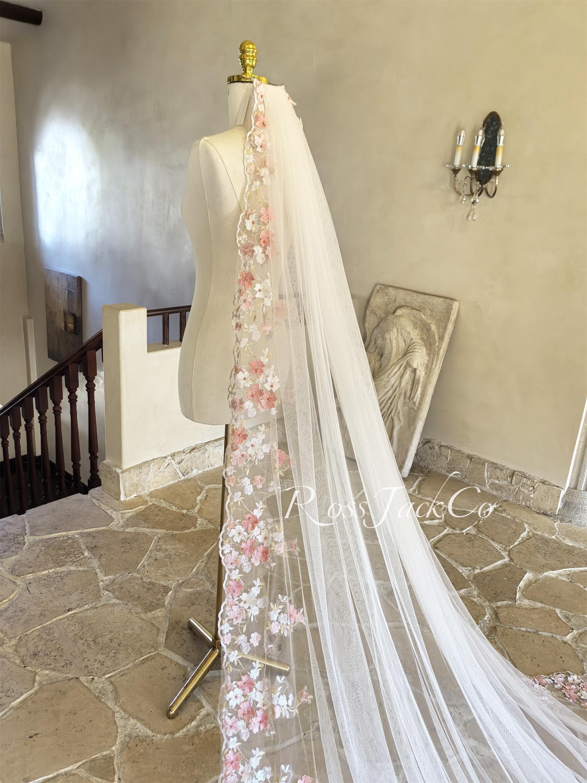 Embroidered Veil - Pink Rose on White Tulle - 118inches il_fullxfull.6703103859_qk1n.jpg main image 4