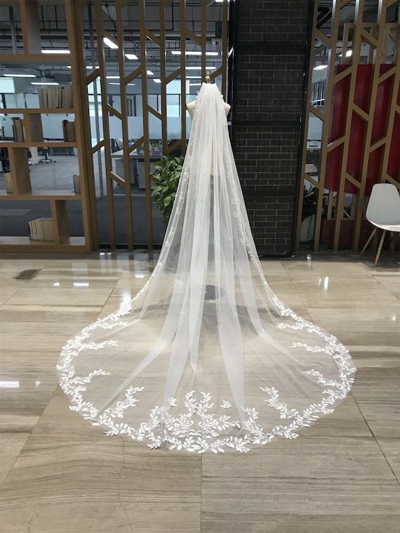 Veil with Embroidered Trim Fingertip Length Mantilla Wedding Veil with Beaded Lace Trim  main image 4