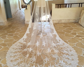 Scattered Chantilly Lace Bridal Veil, Soft Tulle Ivory Wedding Veil Cathedral Length