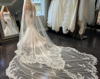 Luxury Beaded Sequins applique Bridal Veil, Cathedral Length Irregular Shape Veil, Ivory Soft Tulle Custom Veil Scallop Cut
