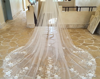 Fairy Ivory Clear Sequined 3D Flower Veil with Pearl Clusters, Flower Pearl Core Bridal Hair Piece Ivory Color Cathedral Length