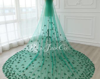 Wedding Veil Emerald Green Butterfly Soft Tulle Ivory Bridal Veil 1 Tier 137" Unique Butterfly Bridal Veil Royal Wedding Veil Fingertip