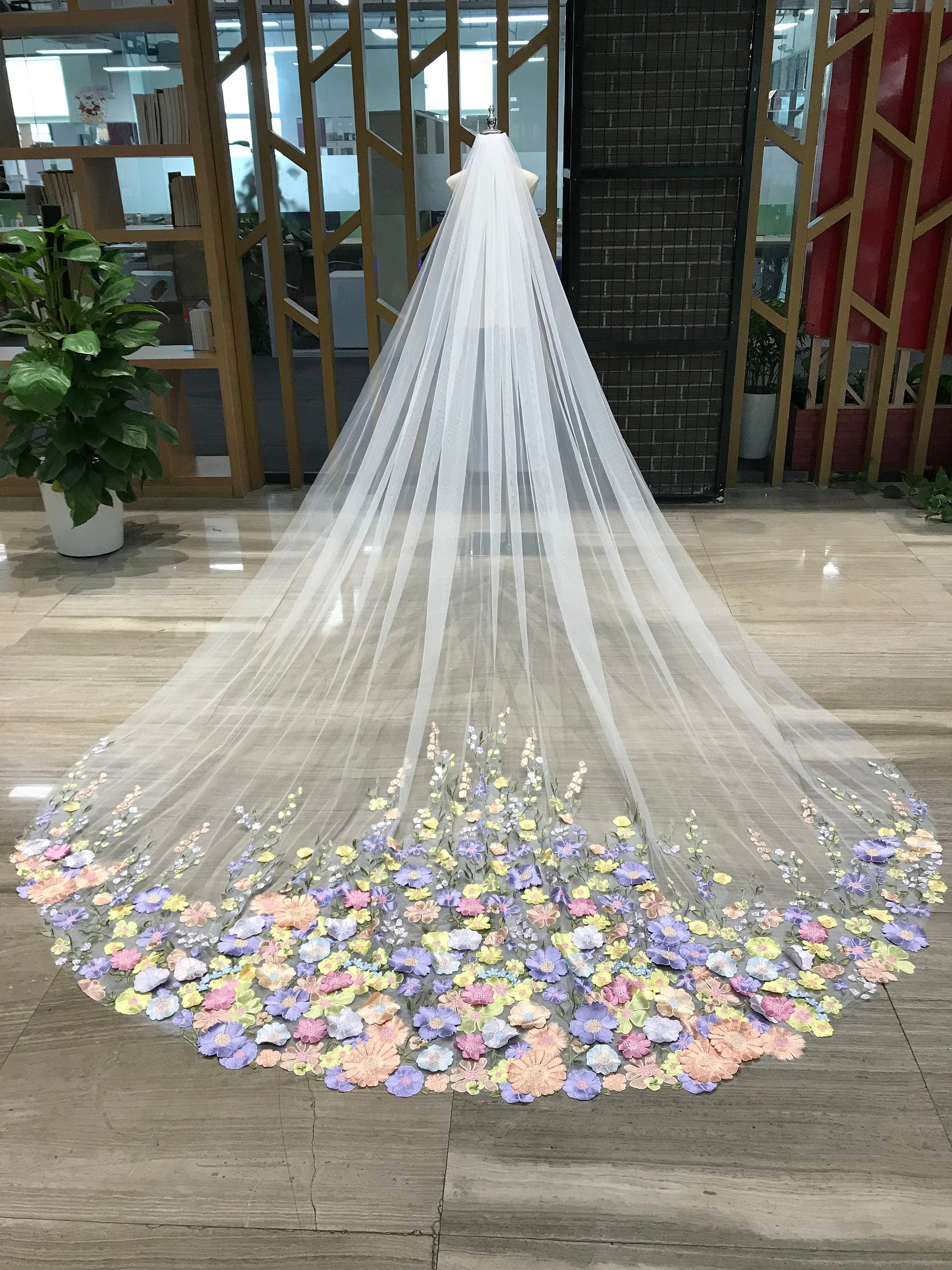 Cathedral Wedding Veil 3.5m Royal Train Handmade Flower Veil W/ Comb AD48| Green Floral Bridal Veil, Something Blue Embroidered  main image 4