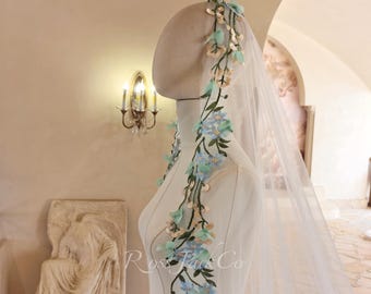Veil Mantilla 3D Green Leaves,   Green Leaves Blue Flower Wedding Veil with Comb, Fairy Mantilla Veil Cathedral Length Ivory Color