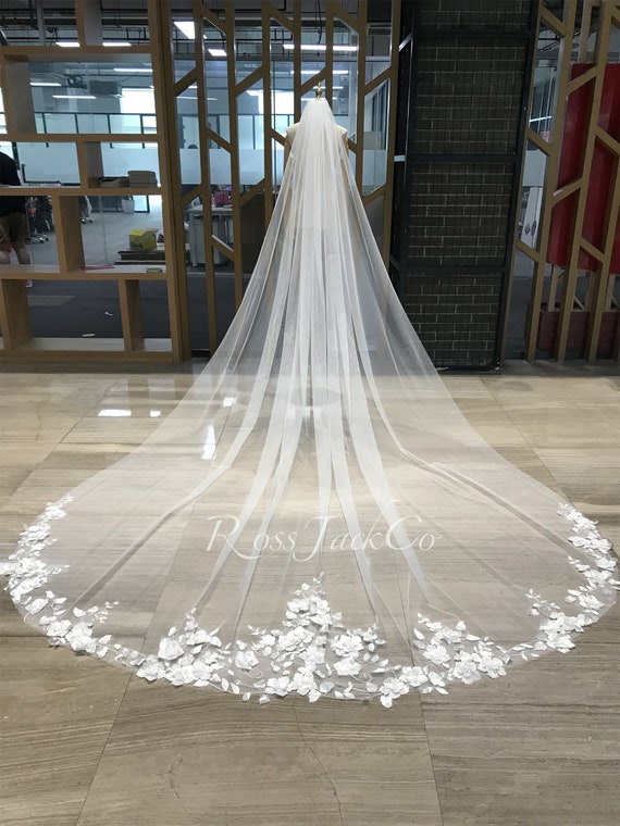 Elegant Sheer White Floral Veil Pink White Flower Wedding Veil, Floral Lace Bridal Veil, 3D  main image 2