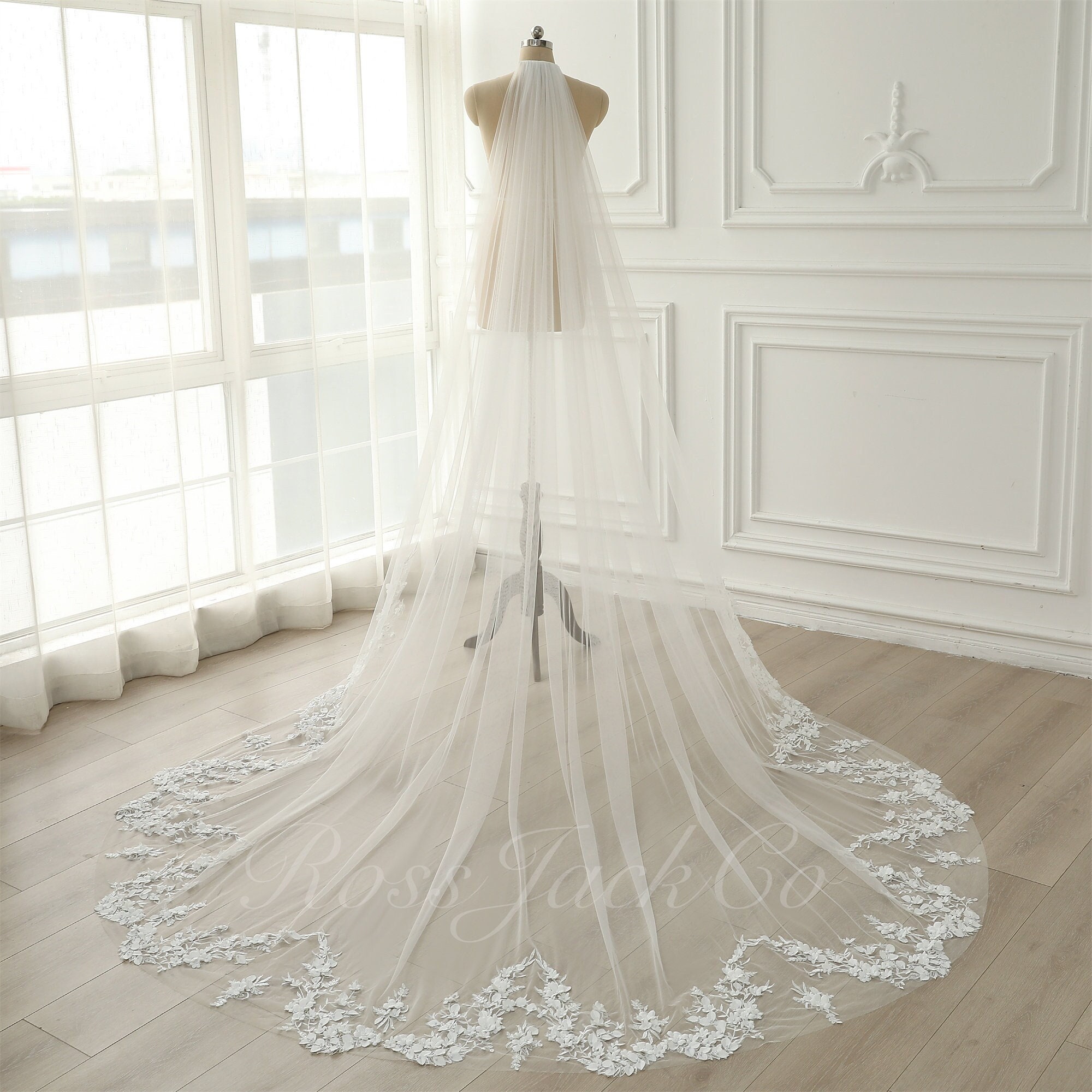 Velo Da Sposa Carufin Con Bordo In Pizzo Fiore - Lunghezza 89 Cm, Colore Avorio, Con Pettine Per Capelli - Foto 13