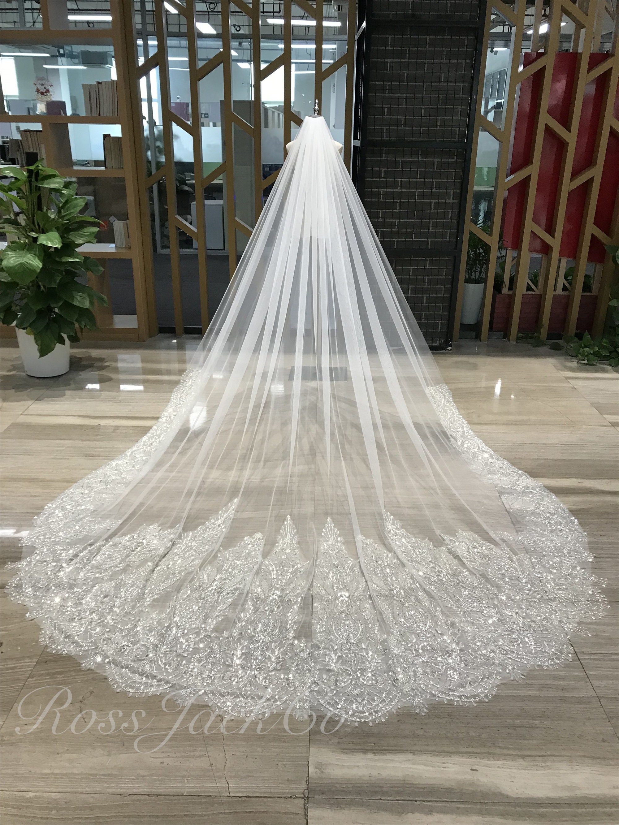 Bridal Veil 3D Beaded Baroque Lace, Soft Tulle Ivory Bridal Veil