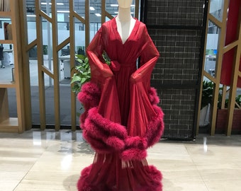 Weinrote Brautrobe mit Feder, Brautkleidkleid, lange Brautrobe, schiere Hochzeitrobe, Brautparty-Robe, Boudoir-Robe