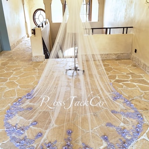 Violet 3d Floral Bridal Veil, Fairy Purple Lace Flower Wedding Veil, Soft Tulle Bridal Veil, Veil Cathedral Length, Veil Violet