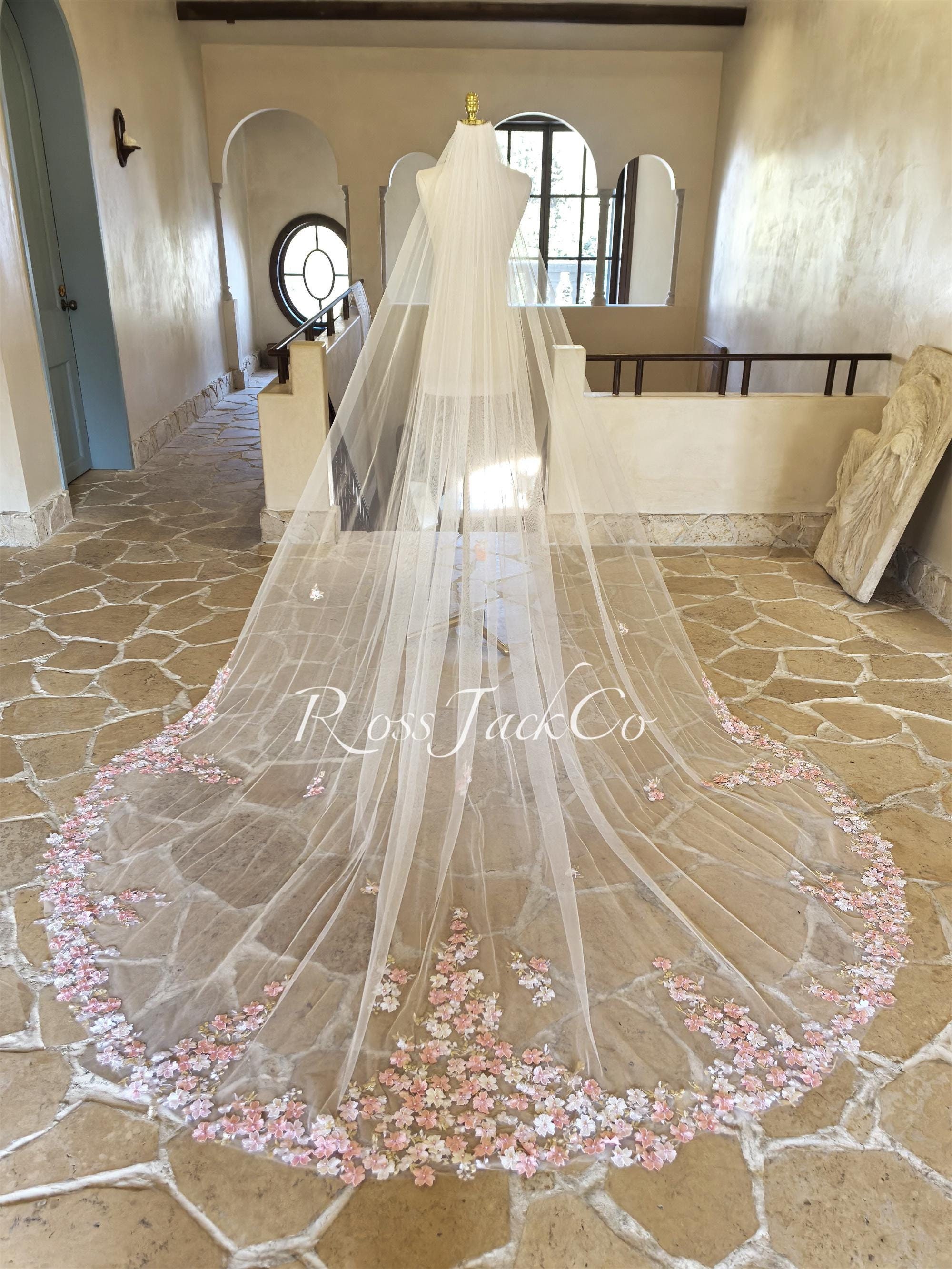 Blush Pink Pearl Flower Bridal Veil, Floral Pink Flower Wedding