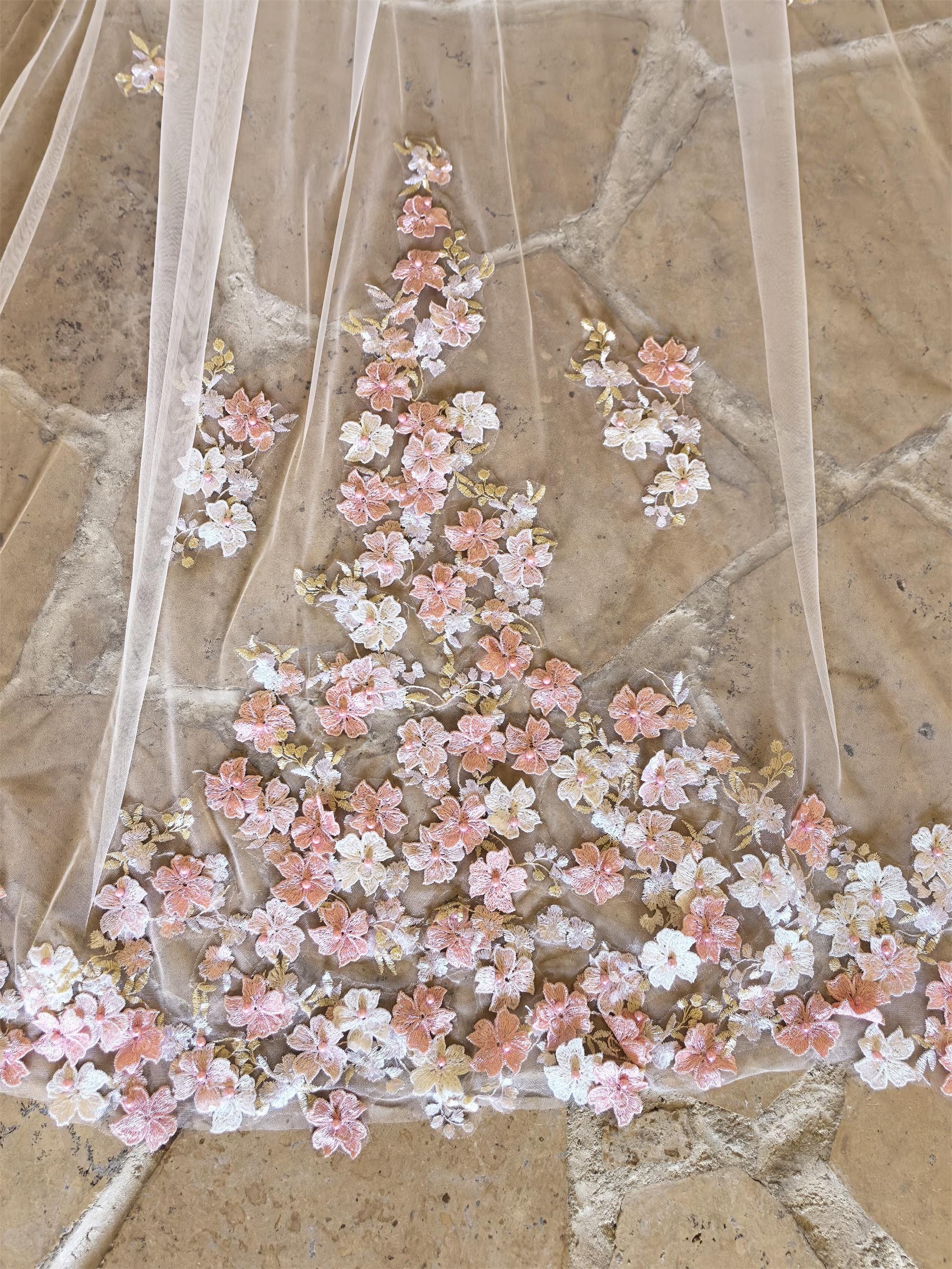 Blush Pink Pearl Flower Bridal Veil, Floral Pink Flower