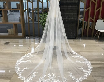 Embroidered Leaves Trim Veil, Wedding Veil With Pretty Leaves, Bridal Veil Lace Floral, 1 Tier Ivory Long Veil With Comb, Veil Cathedral