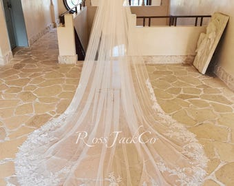 Graceful Flower Wedding Veil, Tinny Sequins Flower Bridal Veil Cathedral Length, Hand Made Custom Veil