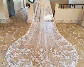 Scattered Thick Lace Bridal Veil With Pearls, Soft Tulle Ivory Wedding Veil Cathedral Length