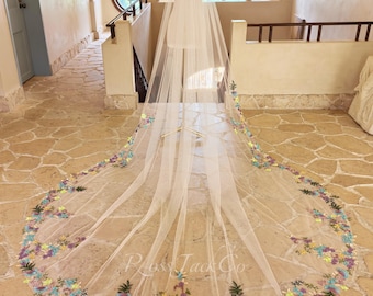 Purple Blue Floral Bridal Veil, Fairy Purple Flower Wedding Veil, Soft Tulle Ivory Bridal Veil, Veil Cathedral, Hand-Made Custom Veil