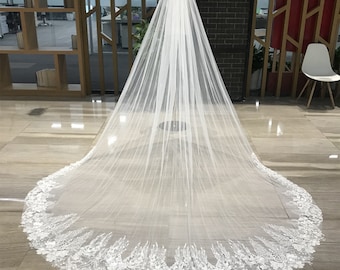 May include: A white bridal veil with a delicate lace trim. The veil is long and flowing, with a scalloped edge.