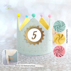 Muslin birthday crown, cotton fabric crown for birthday child, crown with name, color: gold, mint and yellow