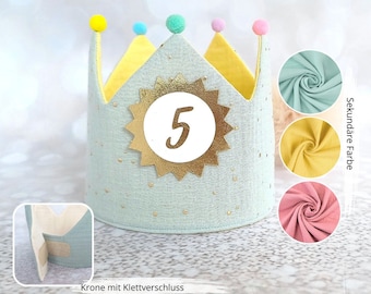 Muslin birthday crown, cotton fabric crown for birthday child, crown with name, color: gold, mint and yellow
