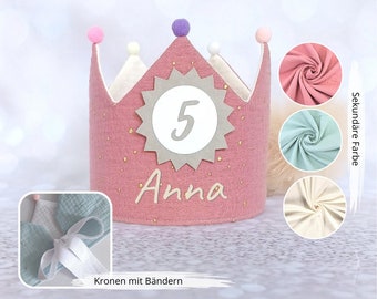 Muslin birthday crown, cotton fabric crown with name, crown in gold old pink with ribbons